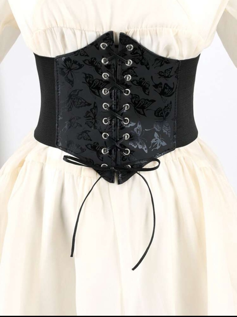 Vegan Leather Lace Up Corset Belt with Butterfly Design